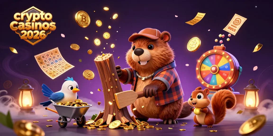 Visuel captivant des crypto casinos 2026 avec un castor et des pièces d'or, illustrant l'enthousiasme du jeu.