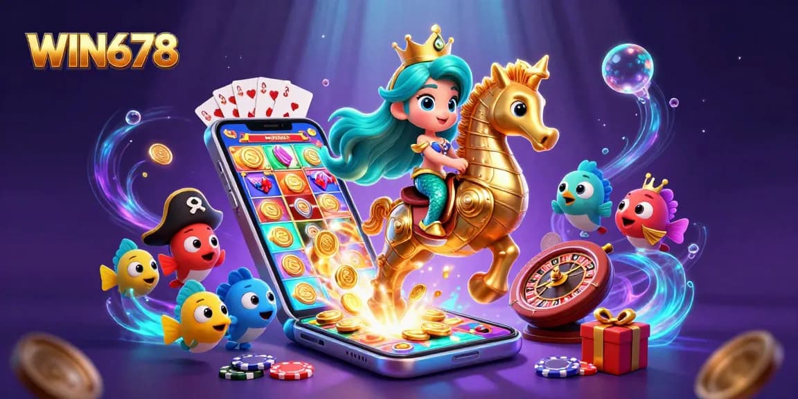 WIN678 slots illustration featuring a mermaid princess and seahorse amid colorful casino elements.