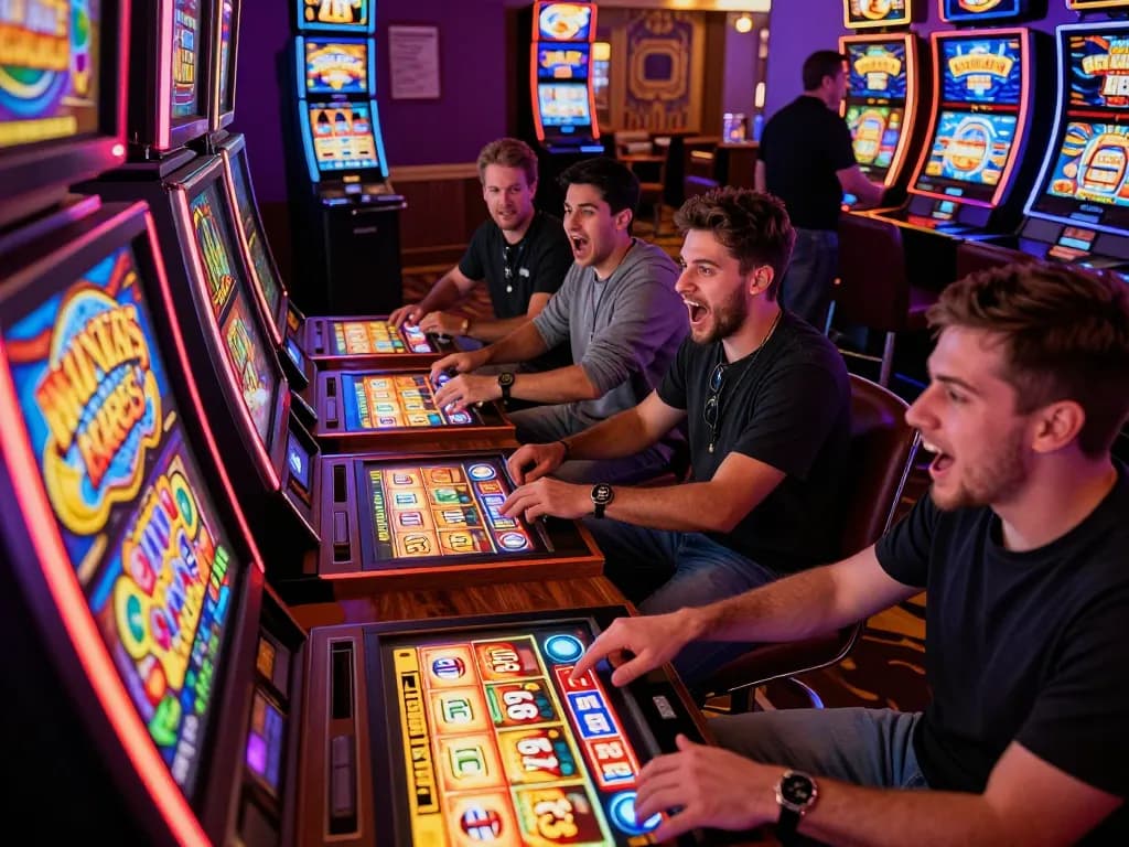 Players placing a slot bet 200 on vibrant machines amid exciting gameplay in a lively casino.