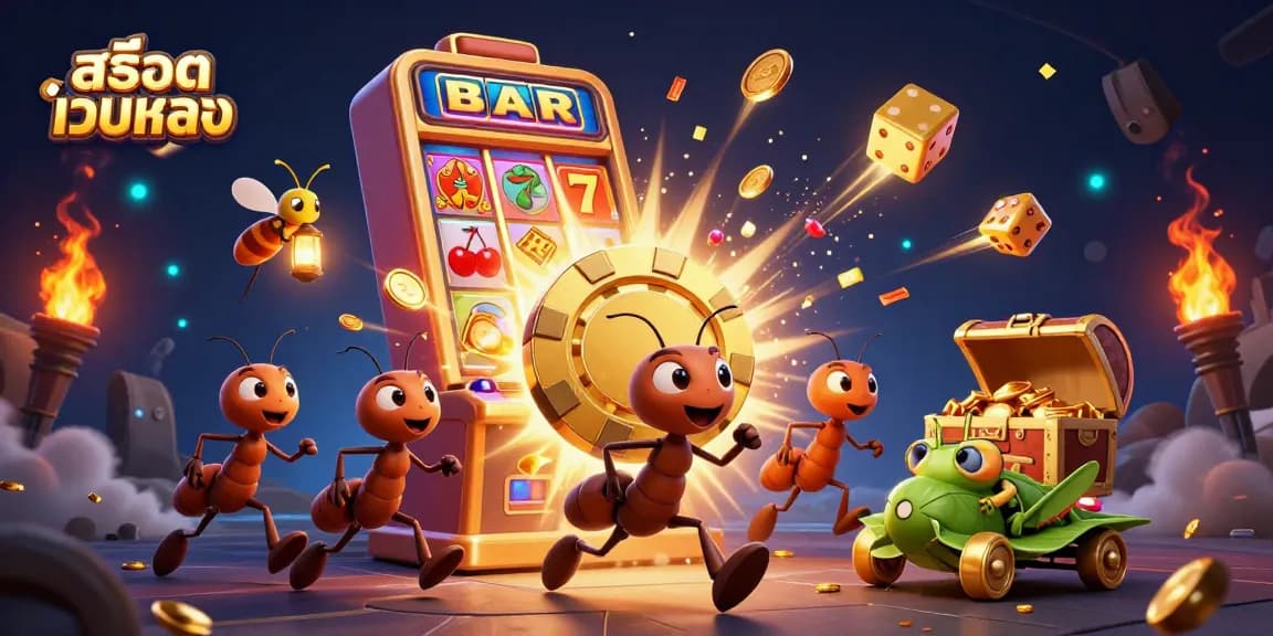 Experience thrilling action with สล็อตเว็บตรง as a team of cartoon ants heist golden chips amidst vibrant casino games.