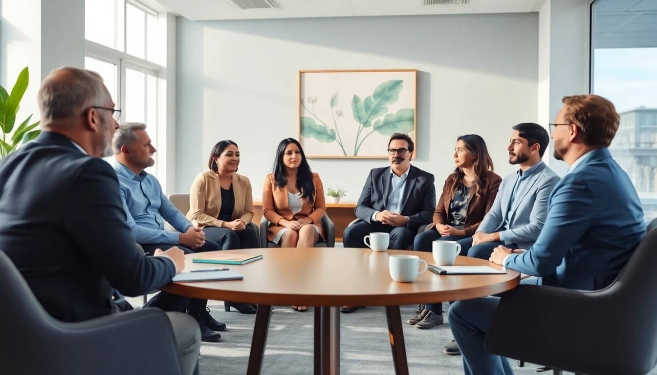 Mediation session showcasing diverse individuals collaborating around a table in a serene setting.