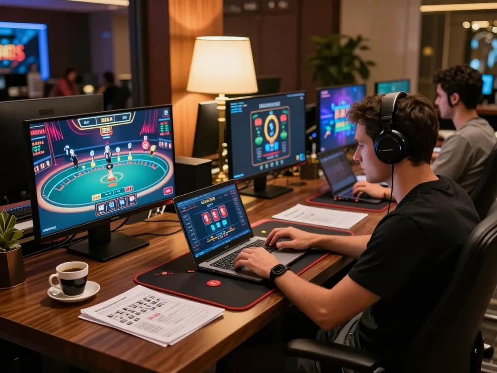Engaged player enjoying online casino games on EV999 platform from stylish home setup