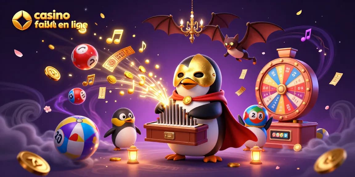 Casino fiable en ligne où un pingouin fantôme joue en musique, entouré de jeux variés.