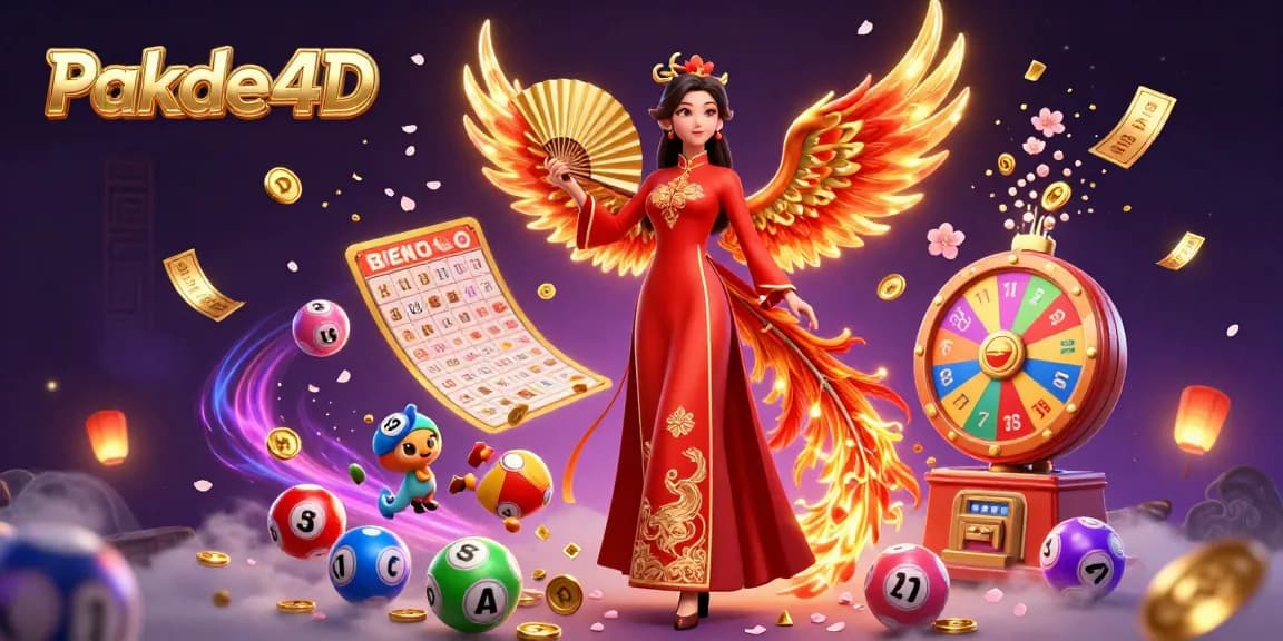 Experience thrilling gaming at Pakde4D with vibrant lottery balls and a stunning phoenix amidst a festive scene.