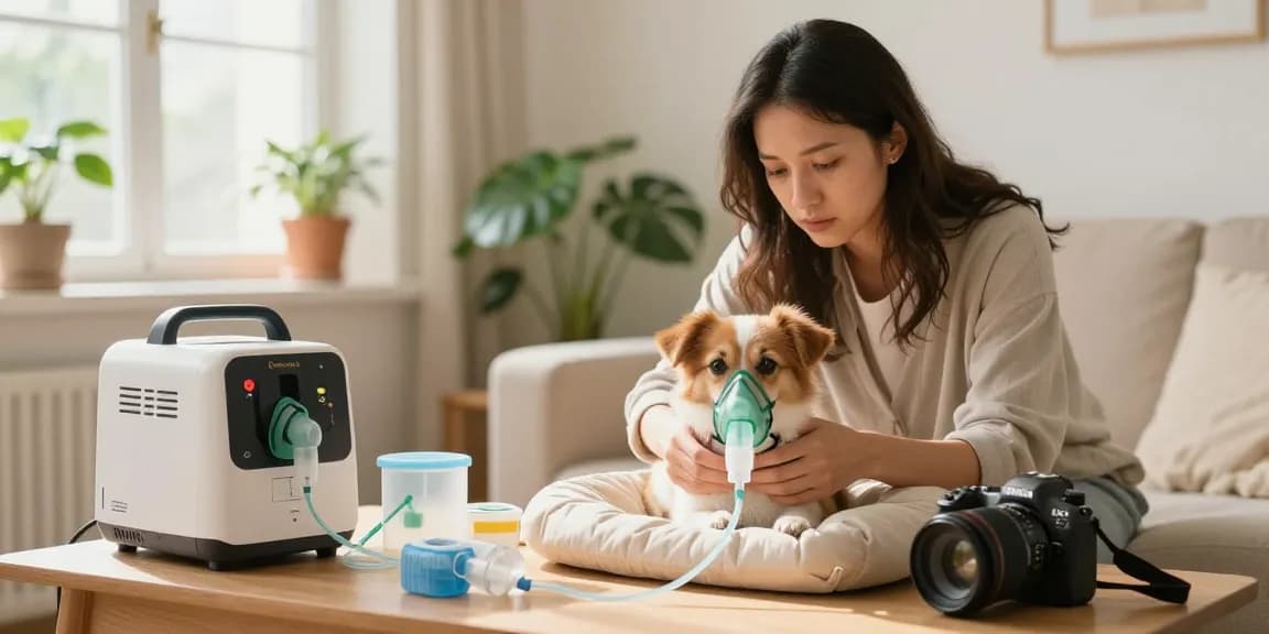 Pet owner using equipment from https://www.petair.hk/en/ to help their small dog with oxygen therapy in a cozy home setting.