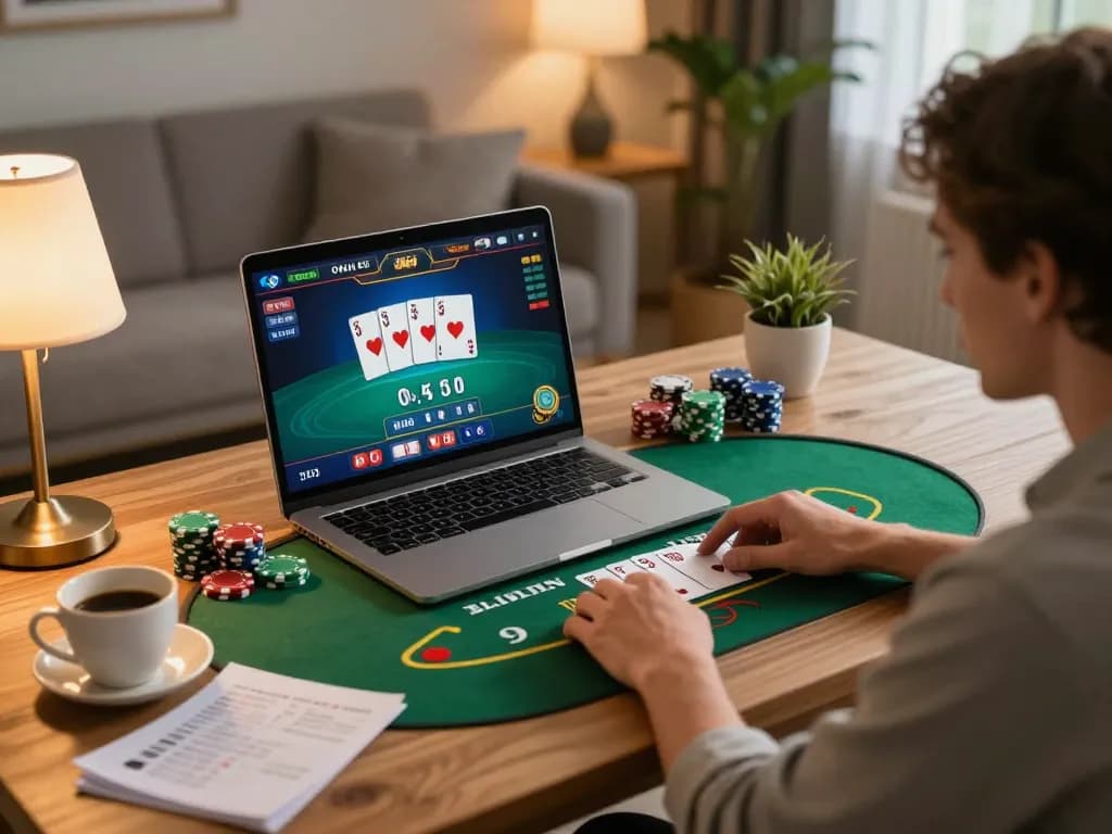 Engaging with AE888 online poker games from a cozy home setup while enjoying coffee.