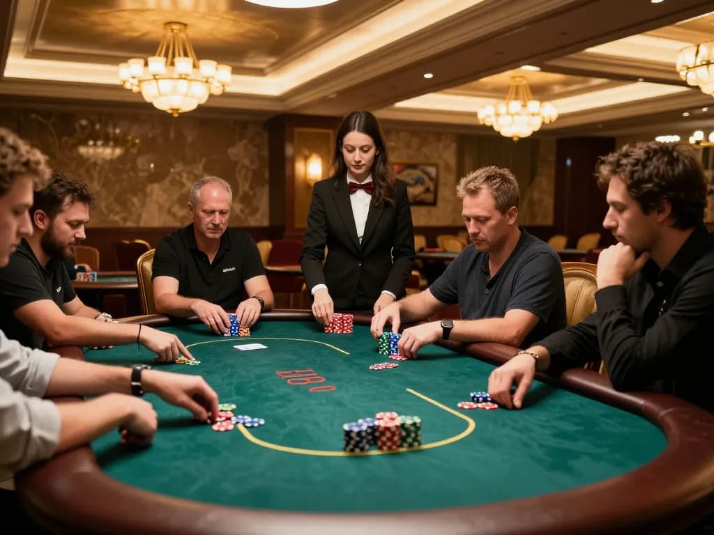 Engaging players at kubet poker table, showcasing vibrant chips and professional dealer in a luxurious casino.