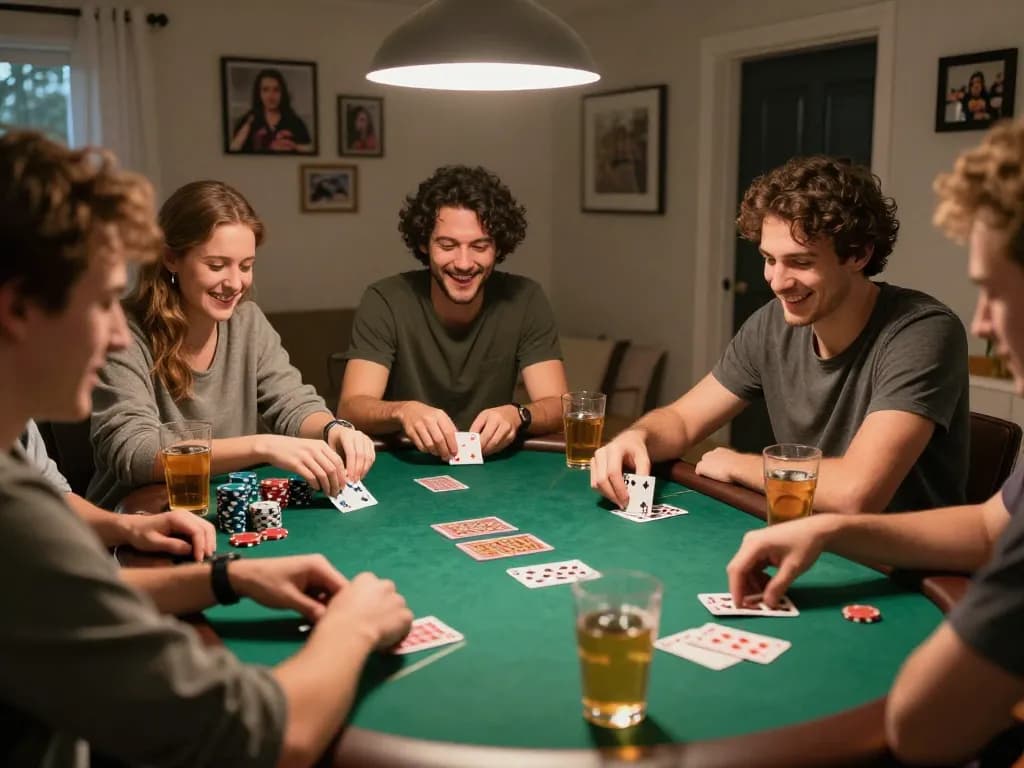 Engaged players at a home poker game focusing on slot gacor siang ini strategy, chips and drinks enhancing the experience