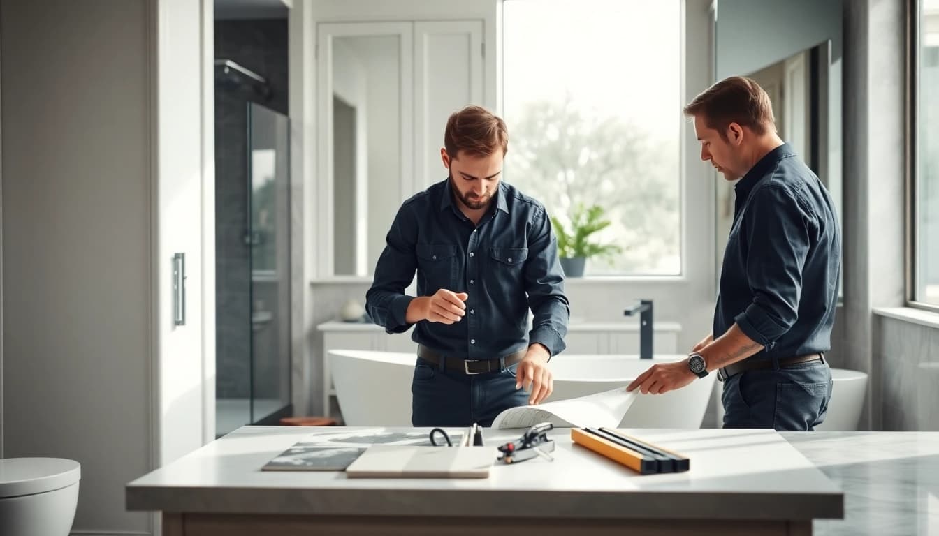 Expert bathroom installers collaborating on a contemporary project in a bright, modern setting.