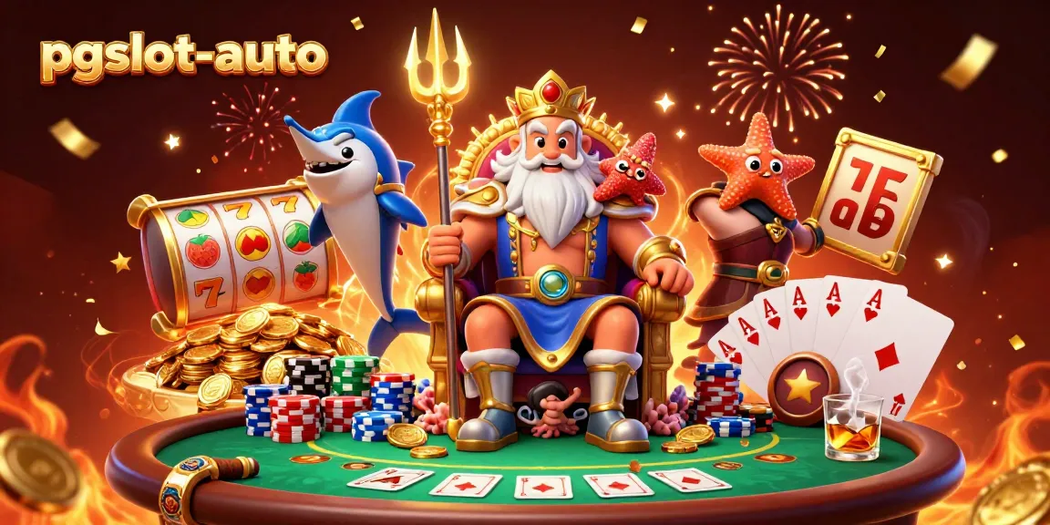 Experience thrilling fun at pgslot-auto with Neptune and vibrant casino elements in this 3D illustration.
