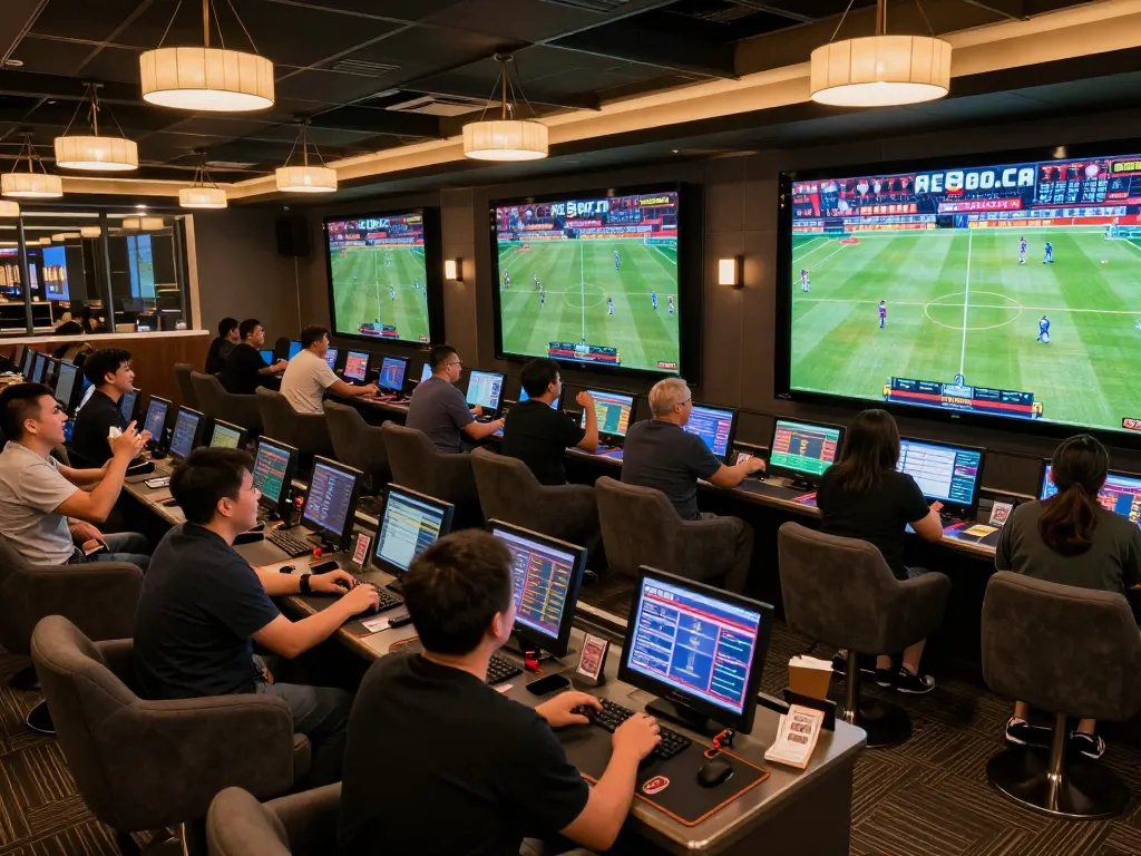 Patrons celebrating wins while betting on sports at AE888 COM's vibrant lounge
