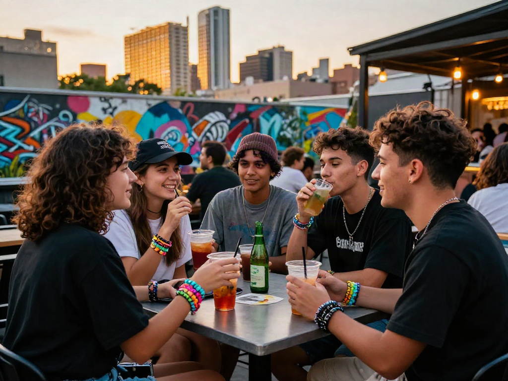 Youthful urban lifestyle gathering featuring rokok88 fashion brands against a vibrant sunset.