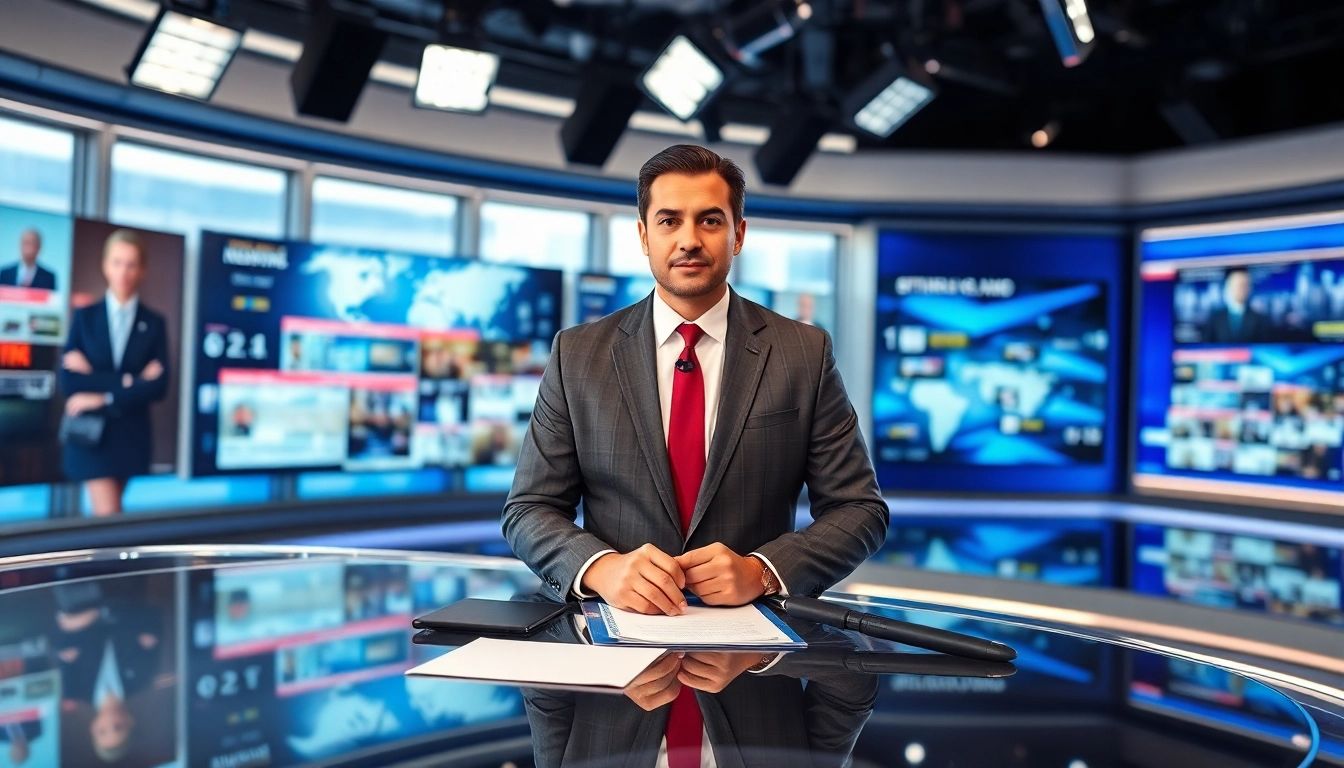Report breaking news in a vibrant newsroom with modern setting.