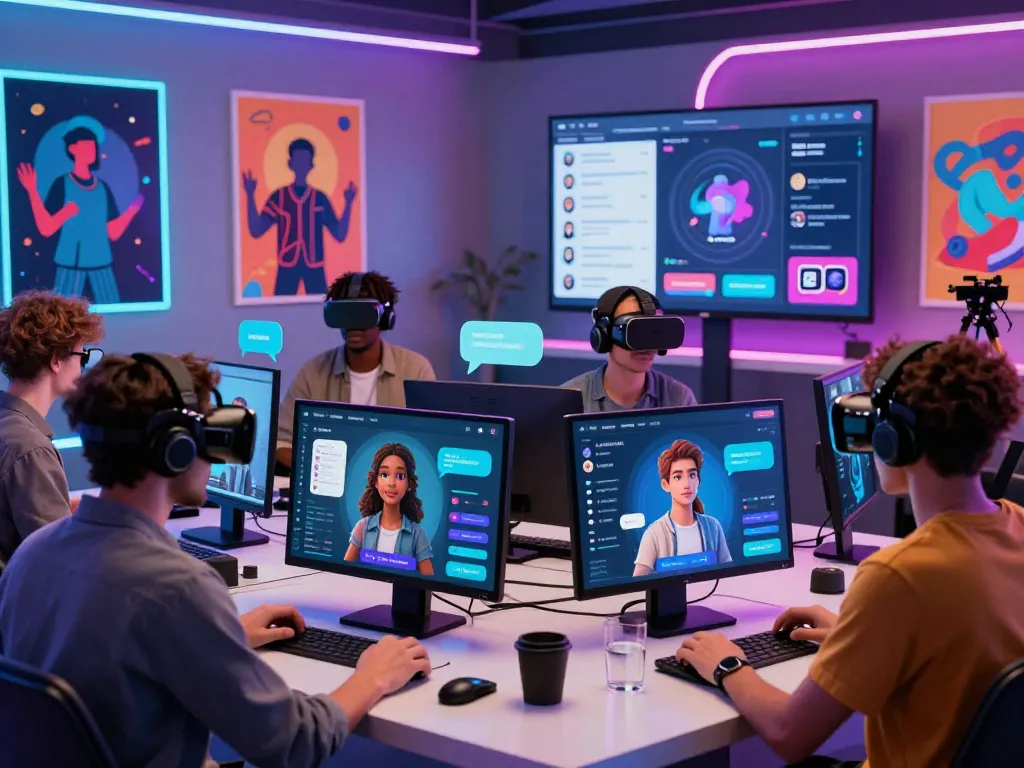Engaging AI chat interaction with diverse young adults exploring ai slut personalization in a vibrant tech hub.