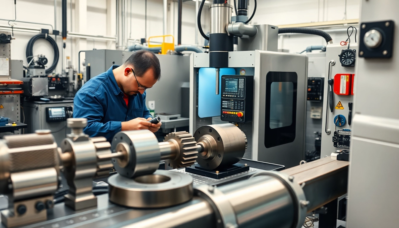Technicians engaged in custom part manufacturing in a bright CNC machine workshop.