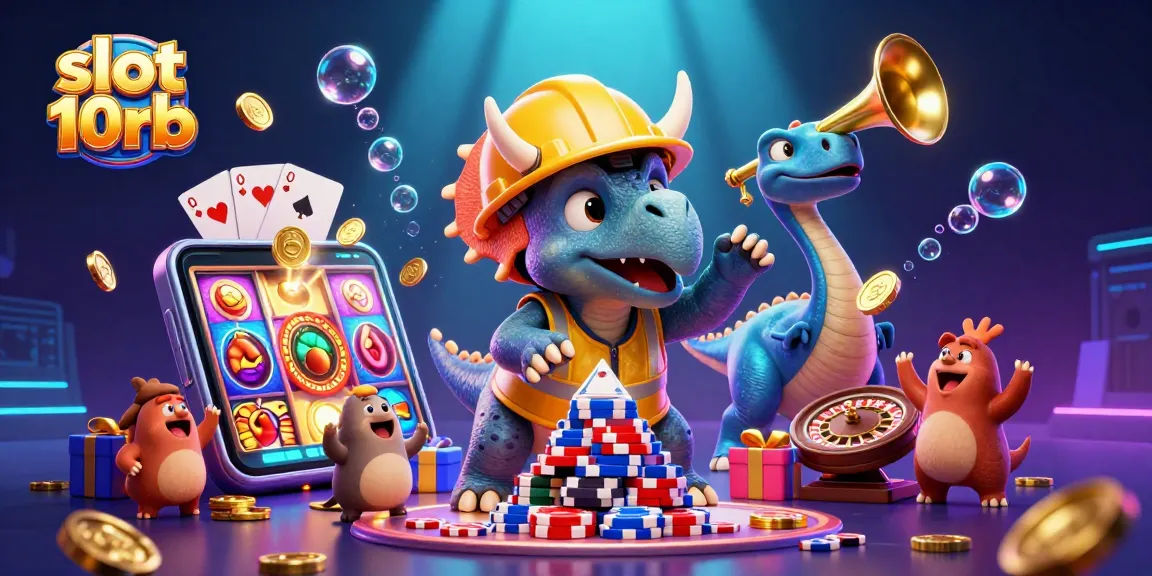 Join the excitement of slot 10rb as a triceratops constructs a poker chip pyramid in a vibrant casino scene.