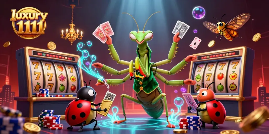 Permainan slot luxury 1111 yang seru dengan karakter menarik di latar belakang kasino yang glamor.