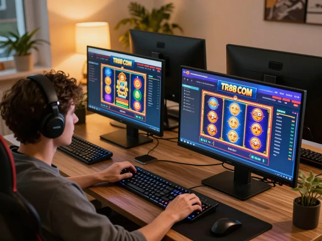 Player engaging with TR88 COM online casino interface at their modern workstation, showcasing excitement in gaming.