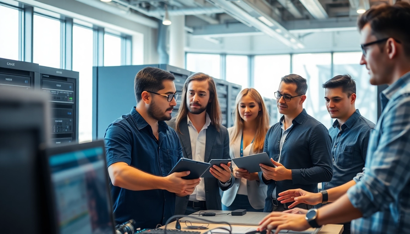 Technicians collaborating on managed IT services near me in a modern office.