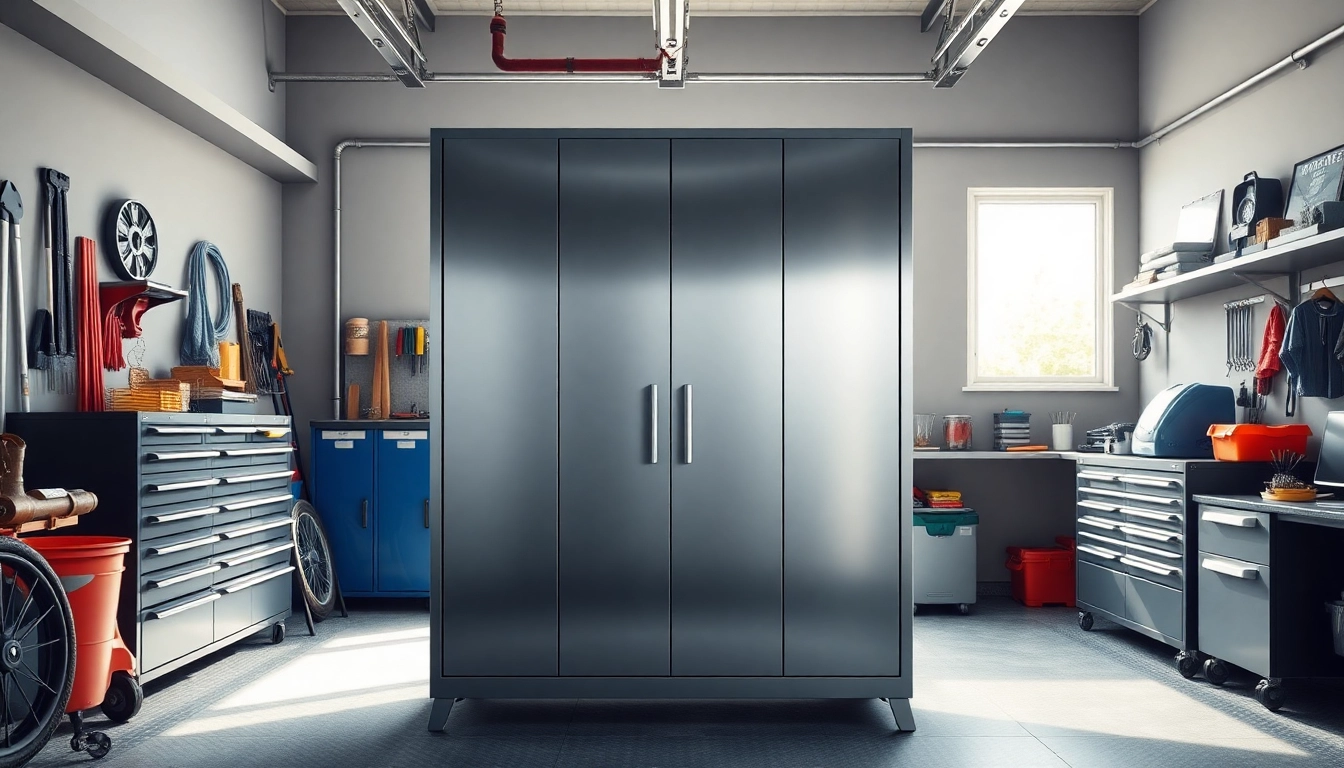 Showcase a durable steel cabinet in a well-organized garage space, emphasizing its robust features.