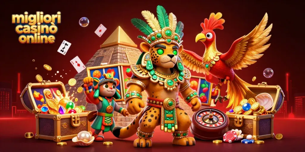 Illustrazione 3D di migliori casinò online con giaguaro sacerdote, uccello quetzal e slot machine.