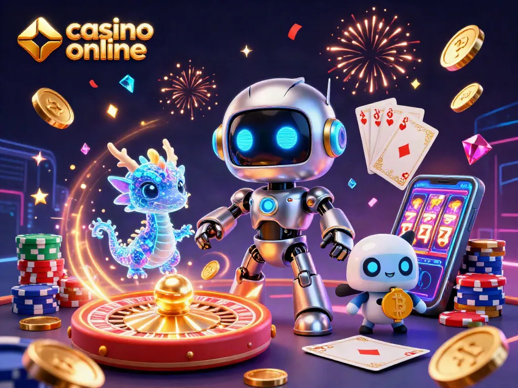 Disfruta de una experiencia de casino online con robots y dragones en una escena festiva.