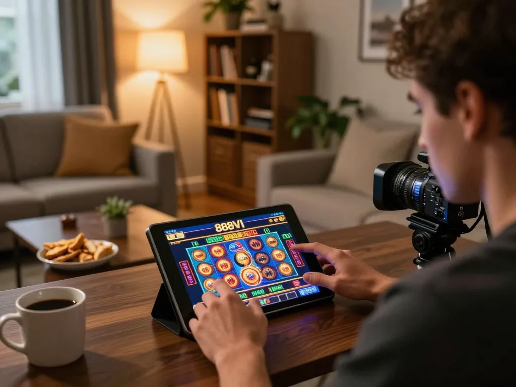 Engaged player enjoying 888VI slots on a tablet in a cozy home setting, emphasizing online gambling.