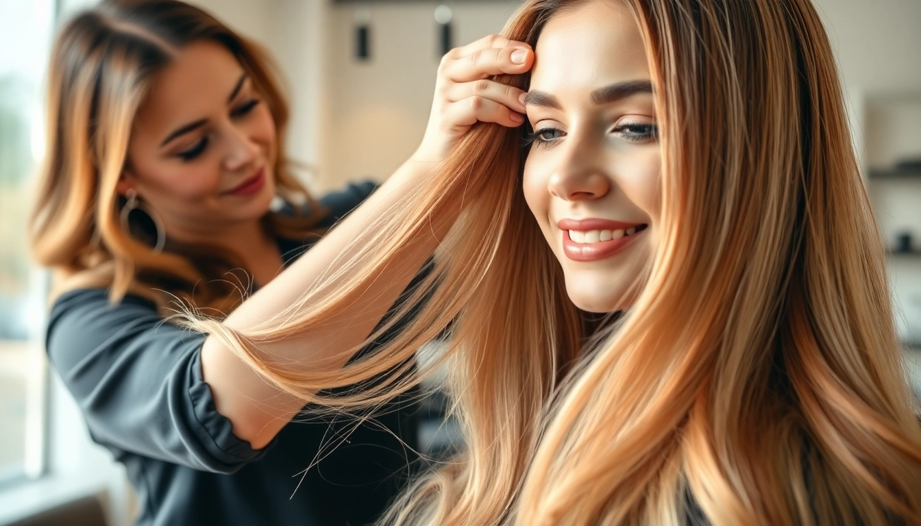 Stylist expertly applying genius weft hair extensions, showcasing beautiful natural hair integration.