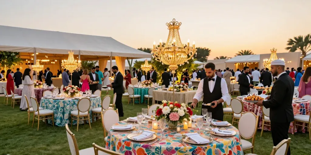 Event rentals setup at a luxurious outdoor venue in Riyadh with elegant tents and décor.