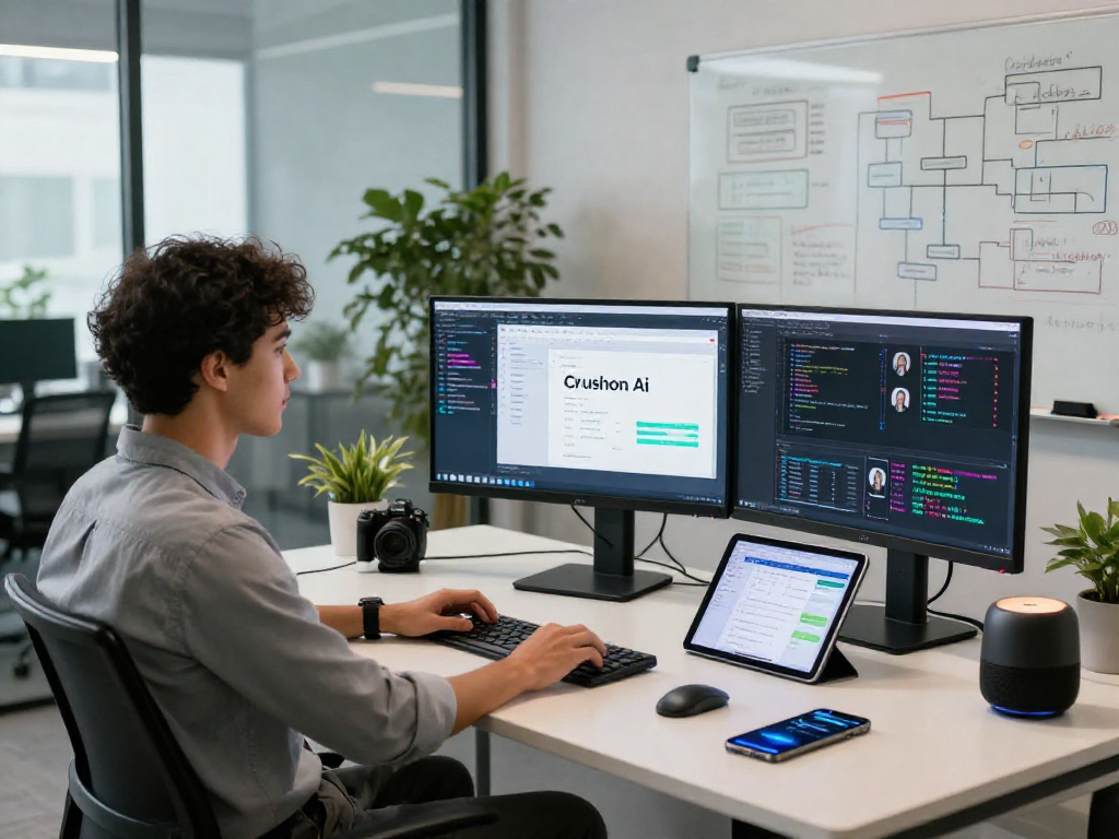Dynamic AI workspace with crushon ai software showcased on multiple screens, modern office environment.