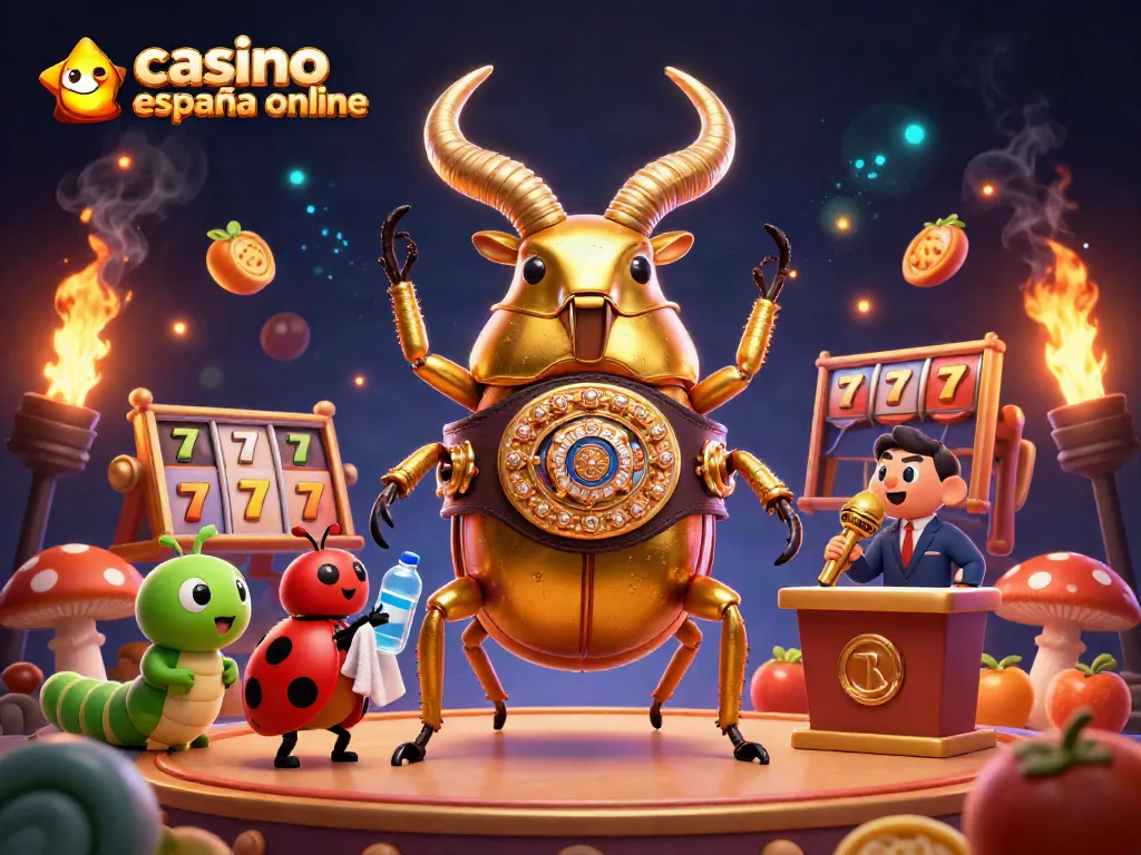 Disfruta de la acción en el casino España online con una colorida ilustración 3D que presenta una pelea de insectos.