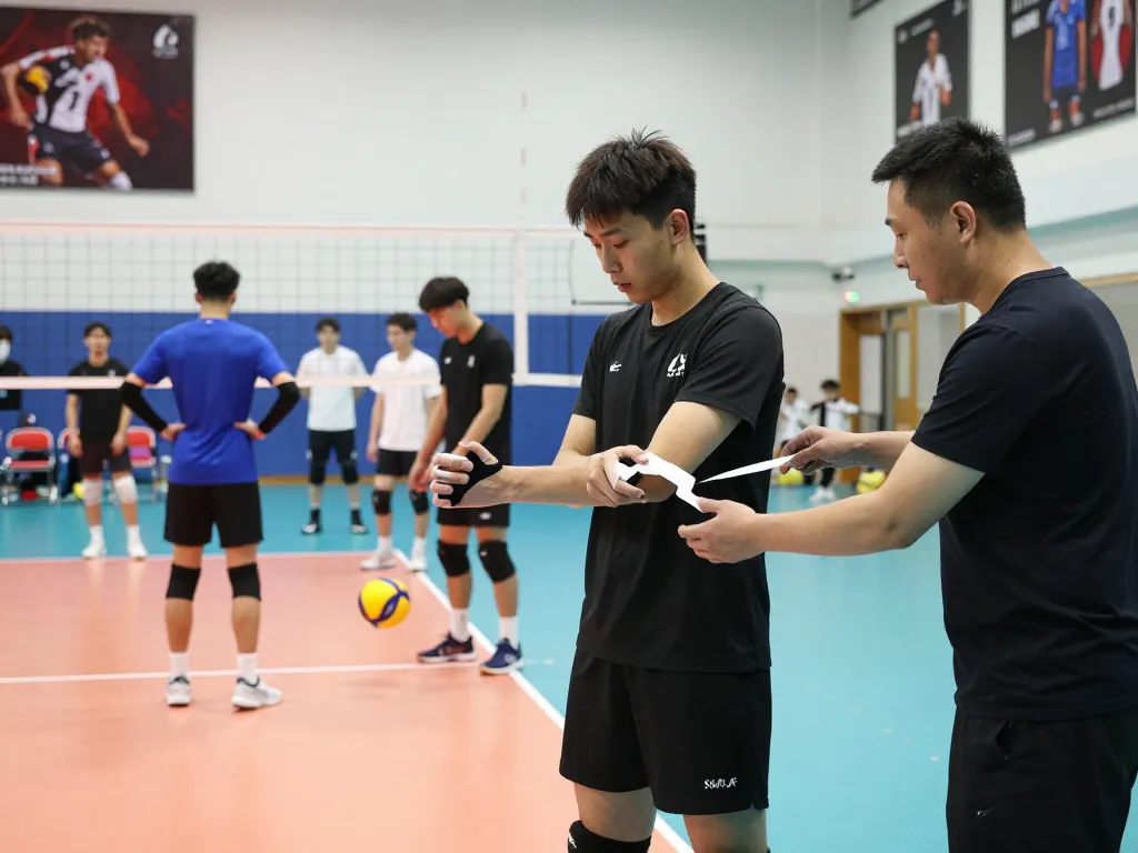 Volleyball thumb taping demonstration for injury prevention during practice.