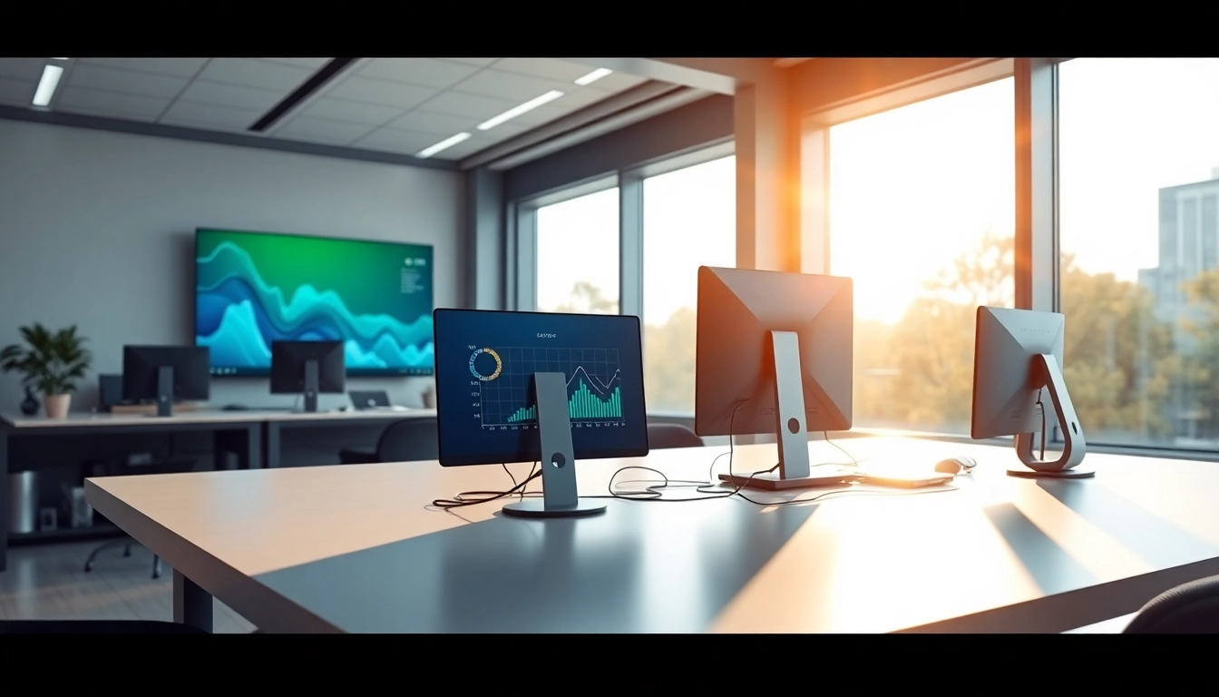 Unternehmensanimation in a modern office setting with animated video screens and vibrant colors.