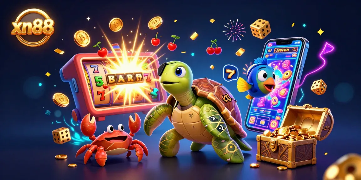 Experience the thrill of xn88's vibrant casino games with a pirate turtle and treasure in this engaging illustration.