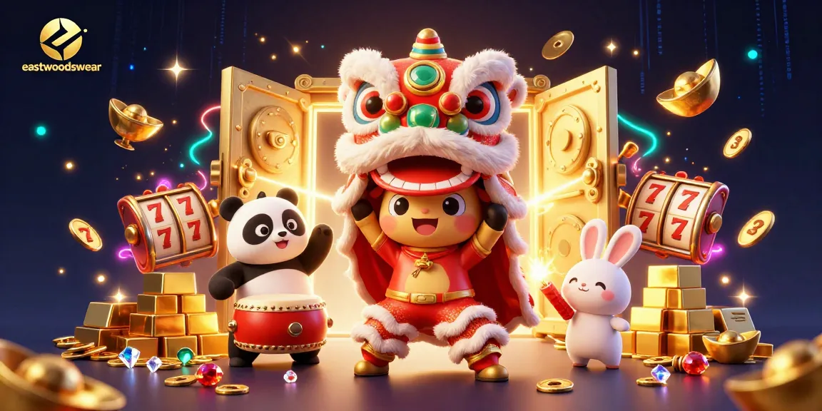 Melihat aksi menarik dari karakter eastwoodswear bermain slot dengan tarian singa dan panda.