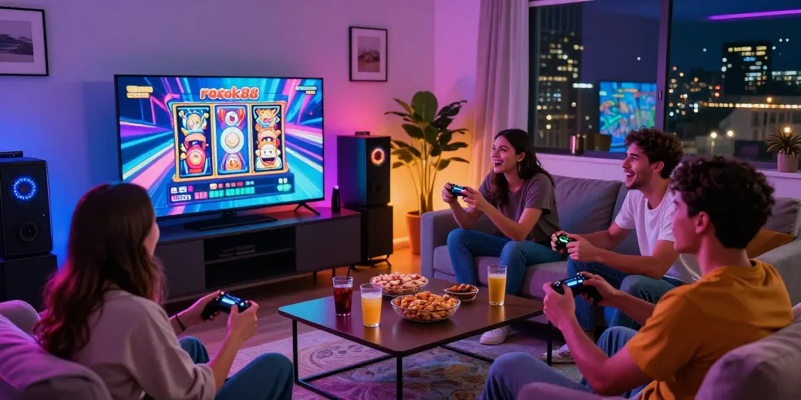 Friends enjoying the rokok88 slot during an exciting gaming night.