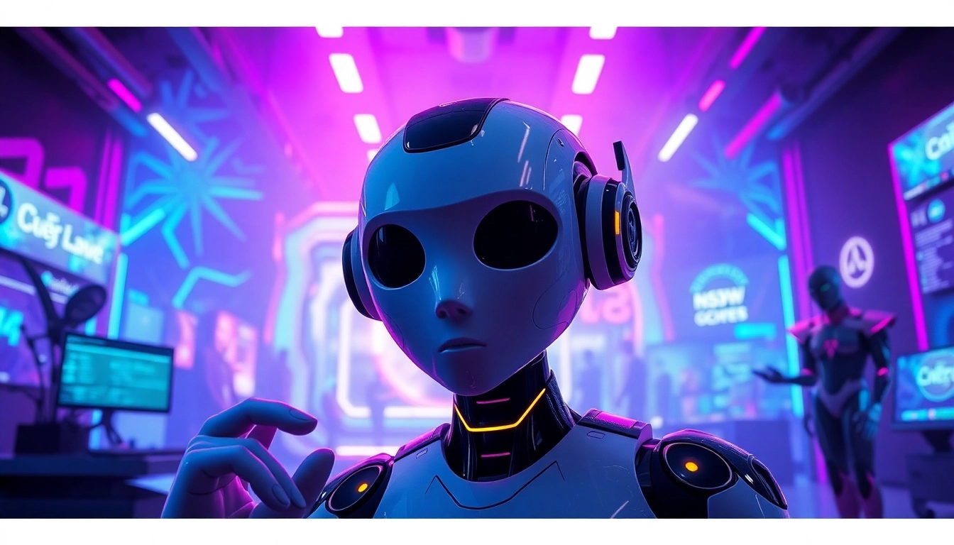 Engaging NSFW AI interface in a vibrant, futuristic setting showcasing user interaction.