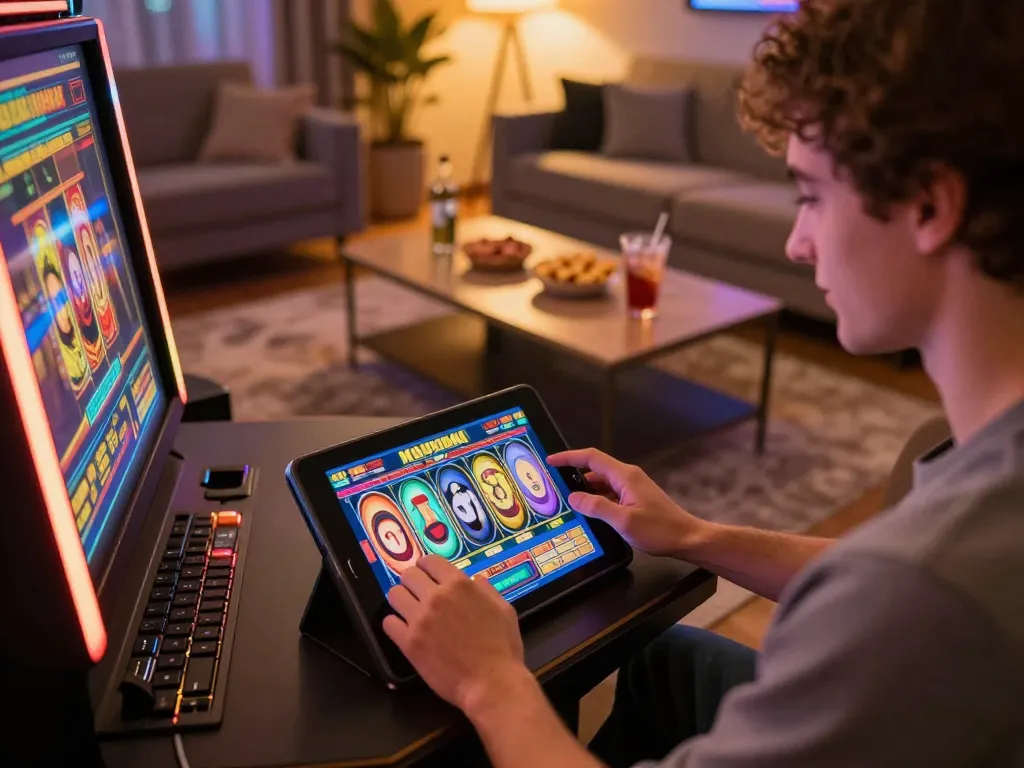 Engaged player enjoying RR88 apk while playing colorful slot games on a tablet at home