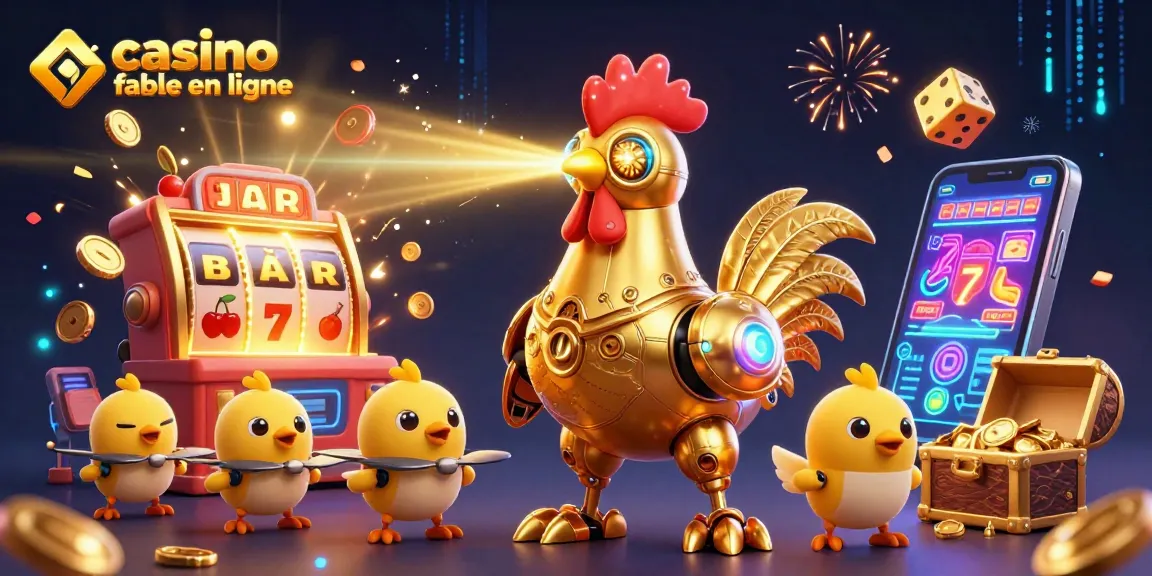 Découvrez un casino fiable en ligne avec un robot coq doré futuriste et des drones, entourés de jackpots et d'effets lumineux.