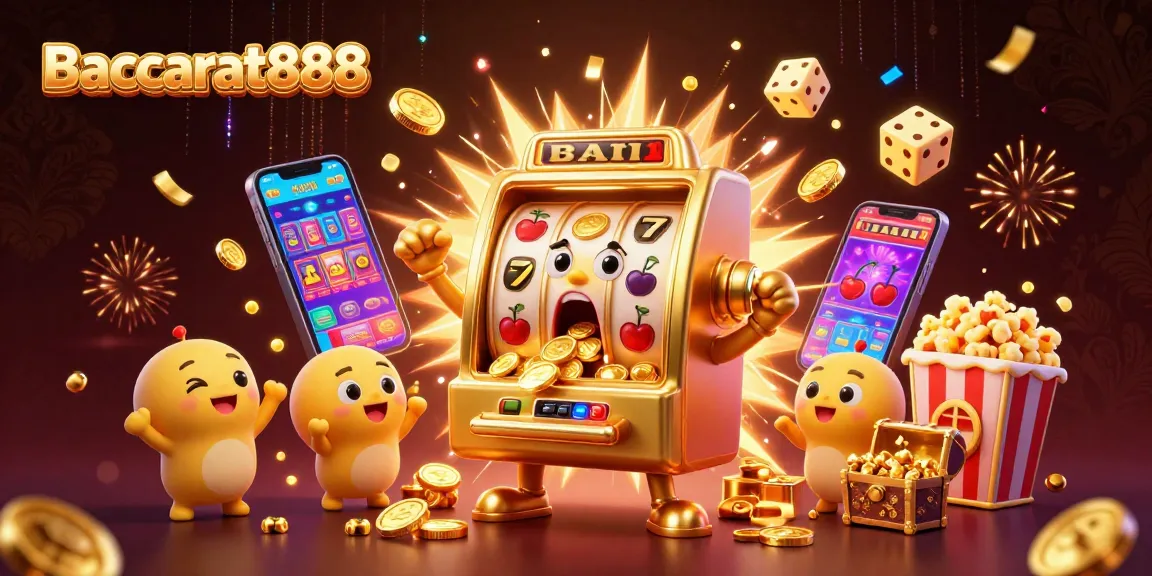 Baccarat888 showcases a lively 3D scene with a golden slot machine celebrating a jackpot amidst flying coins and cheerful machines, capturing the excitement of online gambling.