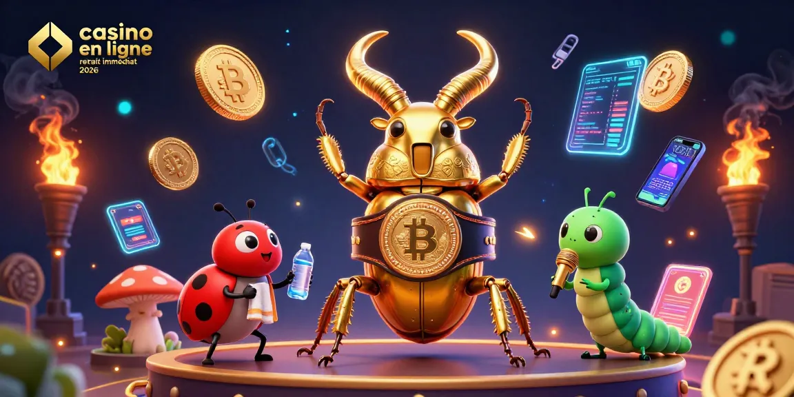 Découvrez les casinos en ligne retrait immédiat 2026 avec un scarabée géant et des éléments de crypto-monnaie.