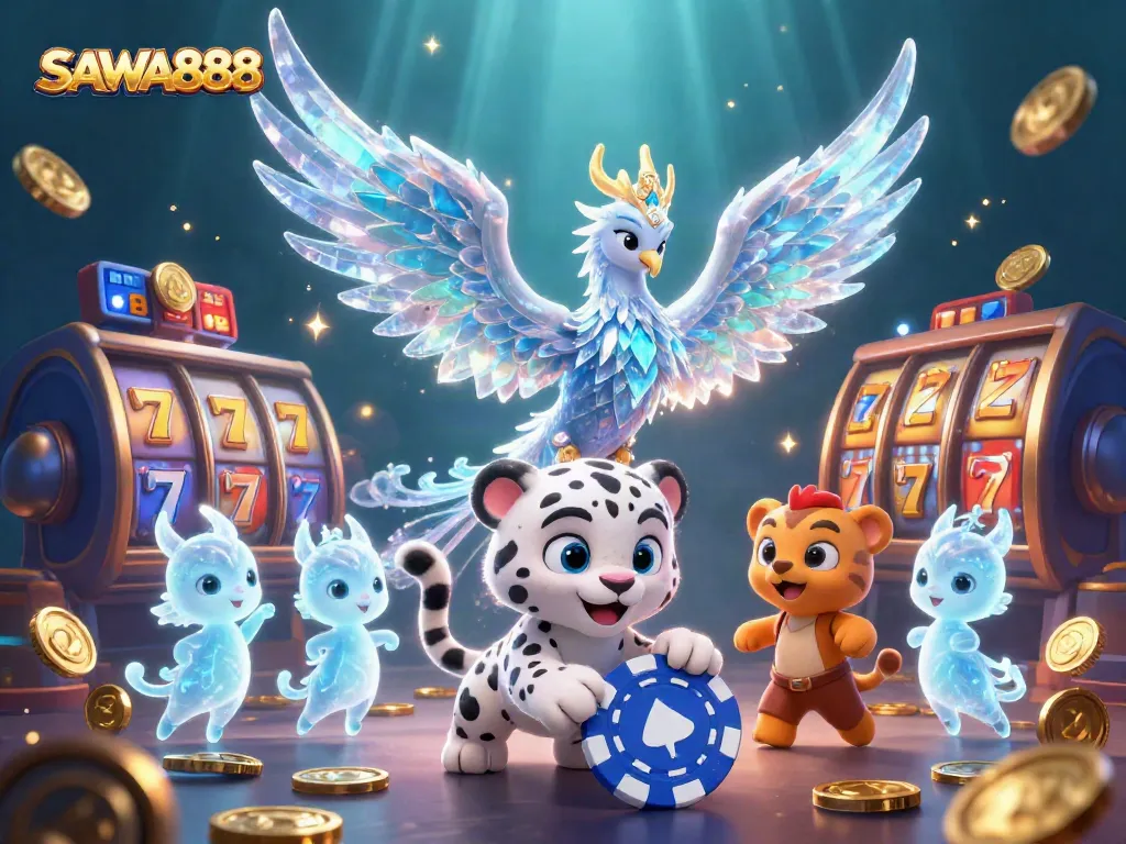 Experience the thrill of SAWA888 with vibrant characters and dynamic slot elements in a rich casino scene.