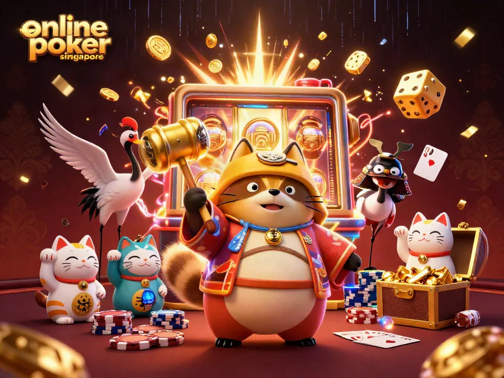 Experience exciting online poker Singapore with vibrant characters, poker tables, and bonus elements.
