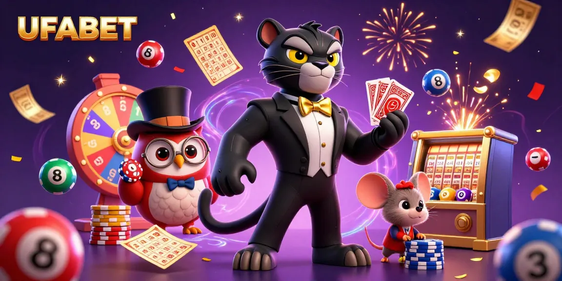 Win big at UFABET with stylish gaming characters dancing amid vibrant casino elements.