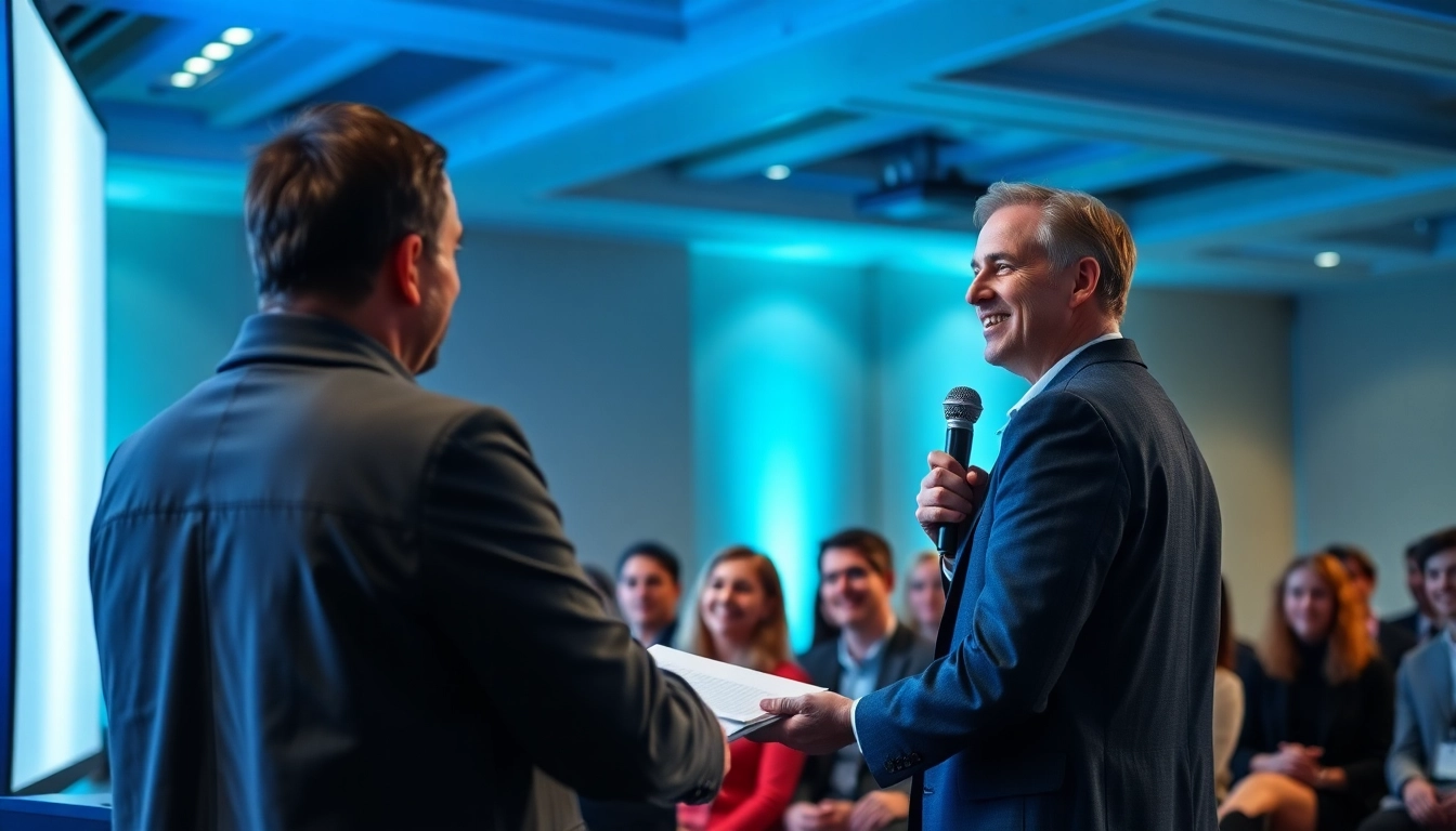 Overcoming Fear of Public Speaking: A confident speaker engages an attentive audience in a professional setting.