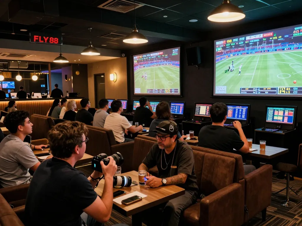 Sports betting at FLY88 with enthusiastic patrons discussing strategies around large screens displaying live events.