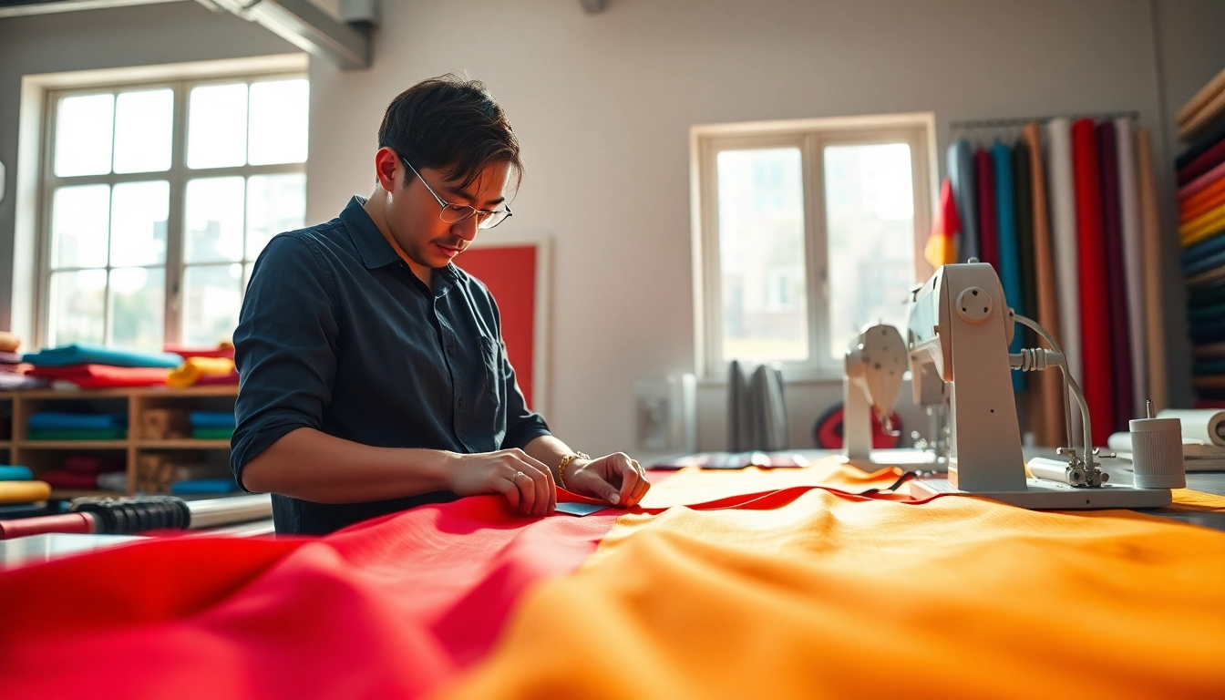 Stoffen voor kleding maken in een kleurrijke atelier met een ervaren naaister aan het werk.