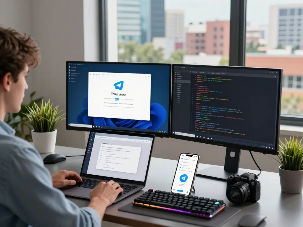 Dynamic workspace with Telegram app interface and coding snippets, showcasing telegram 下载.