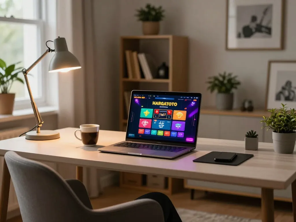 Engaging with HARGATOTO online casino on a laptop in a cozy home office setting.