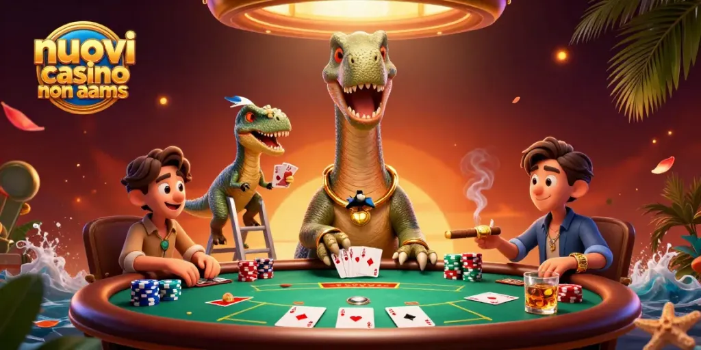 Gioca con i nuovi casino non aams mentre un dinosauro osserva il tavolo da poker con giocate straordinarie